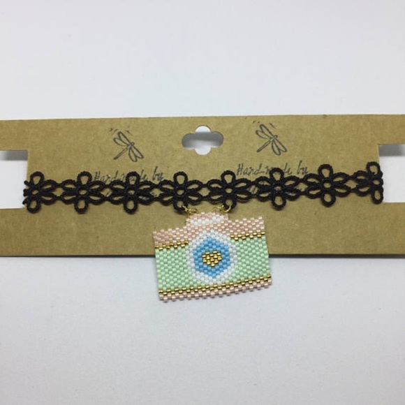 Crocheted Ribbon Necklace With Beaded Camera Charm